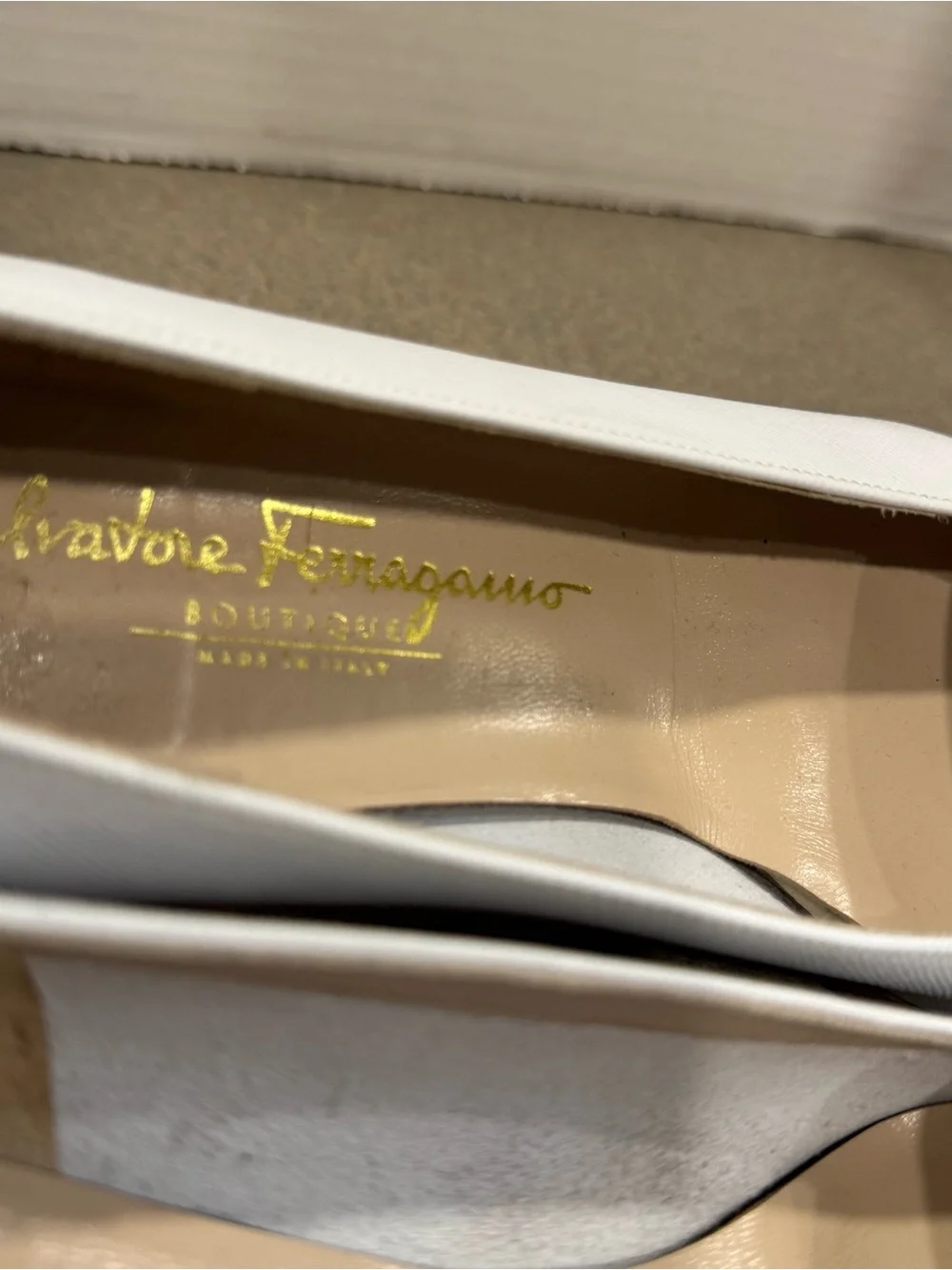 Salvatore Ferragamo White Leather Low Block Heel Loafers with Silver Buckle